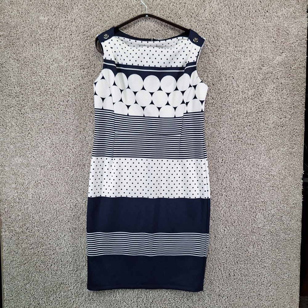 Stella & Julie Dress Women 12 Navy Geometric Polka Dot Stripe Sheath Mod Retro
